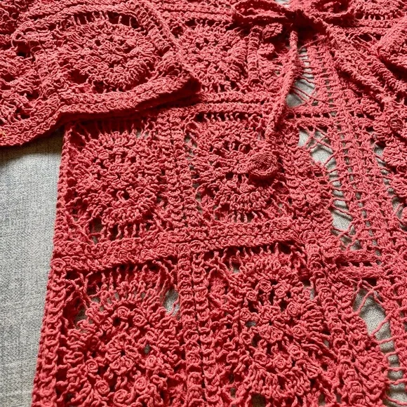 Raj Coral Crochet Longline Open Cardigan duster - Picture 3 of 5